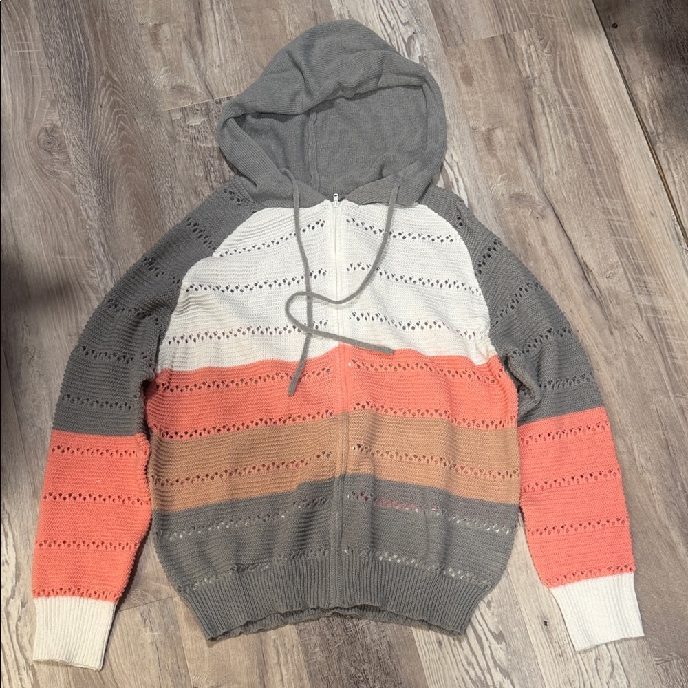 Striped Gray, White, and Coral women’s zip up sweater w/ hood